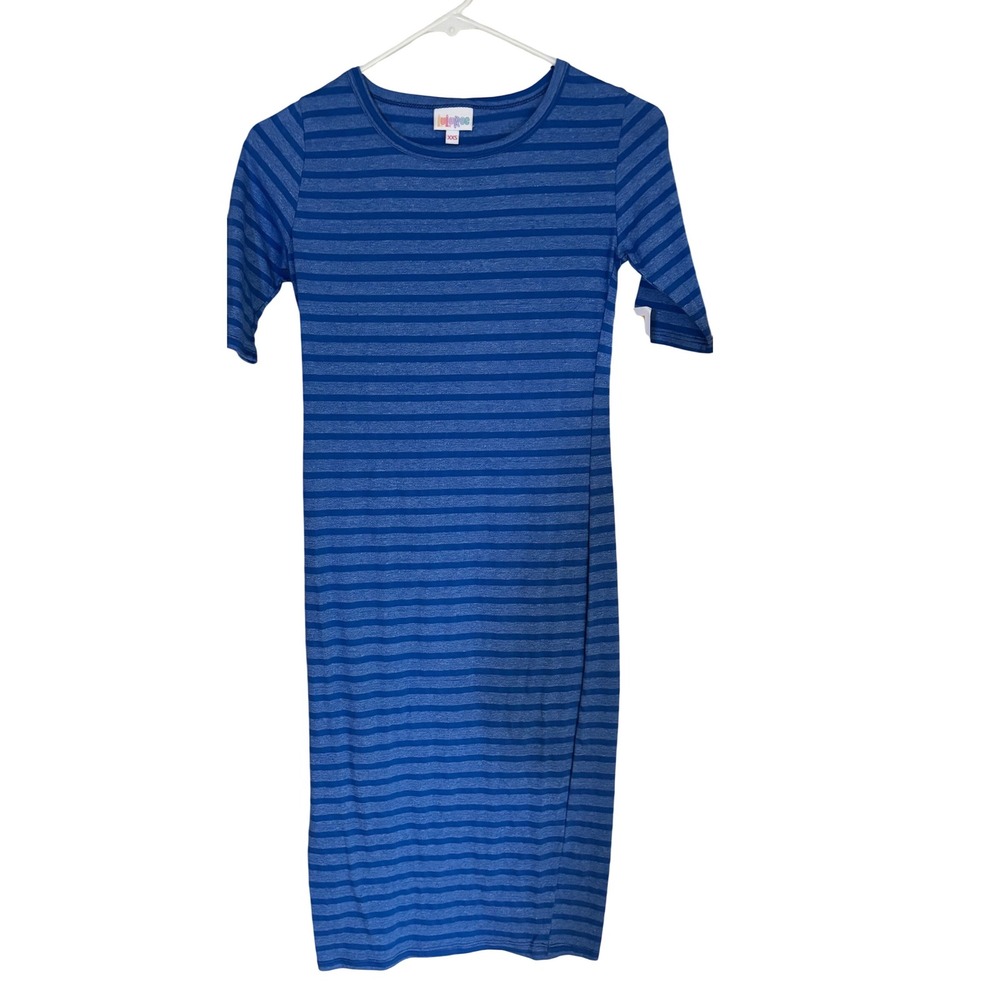 LuLaRoe Simply Dress‎ XXS Blue Striped Knit Fitted Casual Midi Dress NWT